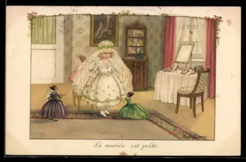 Künstler-AK Pauli Ebner: Puppenhochzeit, Die Braut, Mädchen trägt ein Brautkleid, neben ihr zwei Puppen
