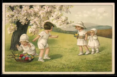 Künstler-AK Pauli Ebner: Fröhliche Ostern, Kinder freuen sich über einen Korb Ostereier
