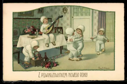 Künstler-AK Pauli Ebner: Kinder tanzen zu Gitarrenmusik, Neujahrsgruss