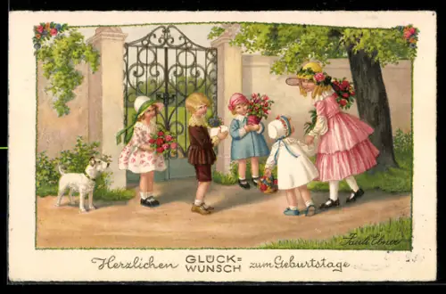 Künstler-AK Pauli Ebner: Kinder mit Blumen am Tor, Geburtstagsgruss