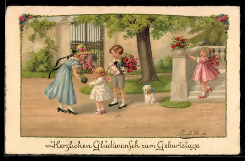 Künstler-AK Pauli Ebner: Kinder mit Geschenk und Blumen, Geburtstagsgruss