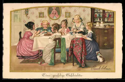 Künstler-AK Pauli Ebner: Eine gruselige Geschichte, Fräuleins am Kaffeetisch