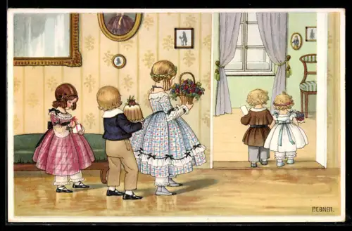 Künstler-AK Pauli Ebner: Kinder mit Kuchen und Blumen in der Tür