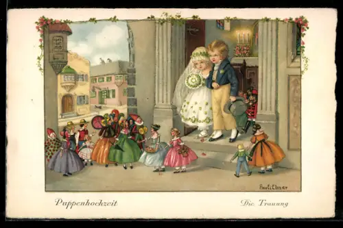 Künstler-AK Pauli Ebner: Kinder-Brautpaar wird von Spielzeugpuppen vor der Kirche empfangen