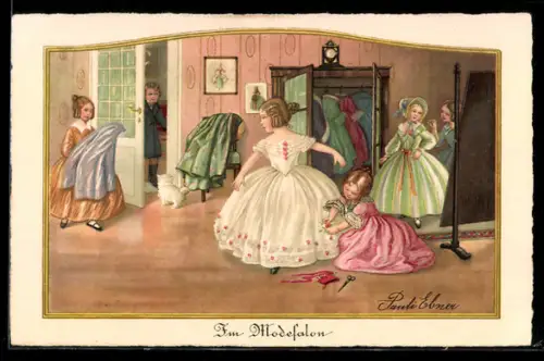 Künstler-AK Pauli Ebner: Chez la cuturiere, Dame probiert Kleid an