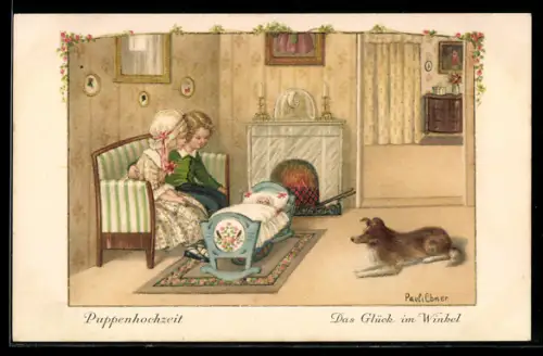 Künstler-AK Pauli Ebner: Puppenhochzeit, Das Glück im Winkel, junge Eltern vor Wiege, Hund