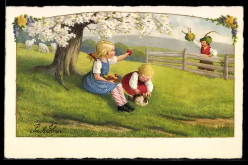 Künstler-AK Pauli Ebner: Kinder mit Osterkorb und Osterhasen
