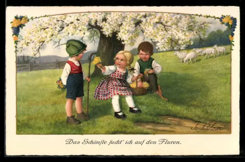 Künstler-AK Pauli Ebner: Kinder mit Blumenkorb, Im Hintergrund Schafe