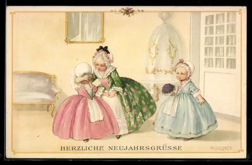 Künstler-AK Pauli Ebner: Neujahrsgrüsse, Kleine Damen
