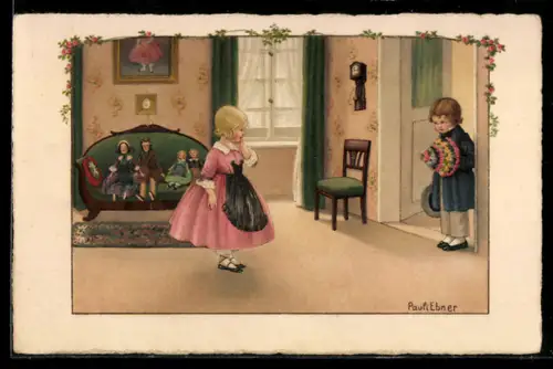 Künstler-AK Pauli Ebner: Puppenhochzeit, Der Freier, Junge besucht Mädchen, auf dem Sofa sitzen Puppen