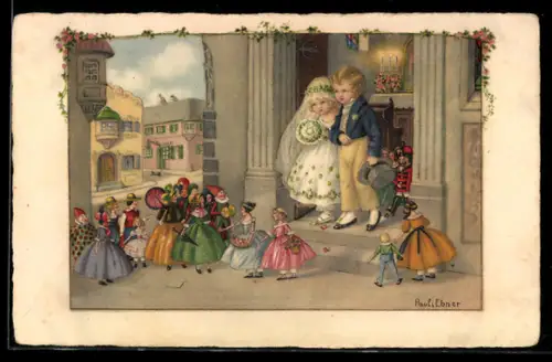 Künstler-AK Pauli Ebner: Kinder-Brautpaar wird von Spielzeugpuppen vor der Kirche empfangen