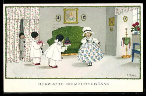 Künstler-AK Pauli Ebner: Harlekins beschenken Mädchen, Neujahrsgruss