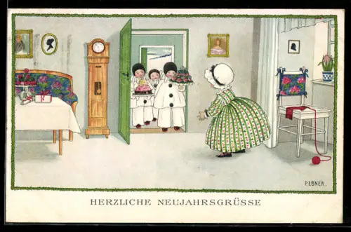 Künstler-AK Pauli Ebner: Herzliche Neujahresgrüsse, Kinder kommen mit Geschenken zu Besuch
