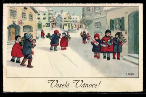 Künstler-AK Pauli Ebner: Kinder mit Geschenken auf einer verschneiten Strasse