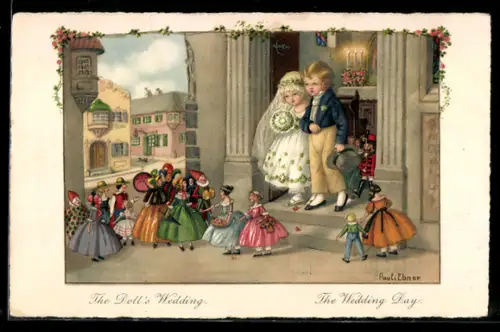 Künstler-AK Pauli Ebner: Kinder-Brautpaar wird von Spielzeugpuppen vor der Kirche empfangen