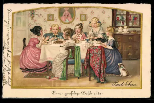 Künstler-AK Pauli Ebner: Eine gruselige Geschichte, Fräuleins am Kaffeetisch