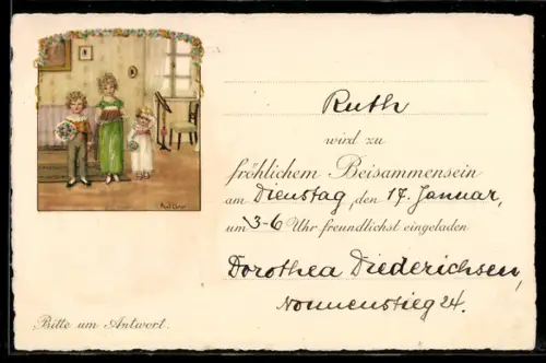 Künstler-AK Pauli Ebner: Kinder mit Kuchen und Blumen