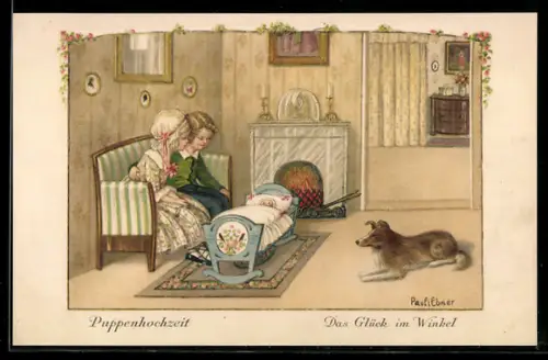Künstler-AK Pauli Ebner: Puppenhochzeit, Das Glück im Winkel, junge Eltern vor Wiege, Hund