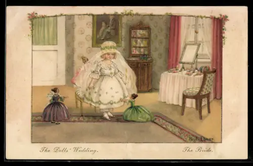 Künstler-AK Pauli Ebner: Puppenhochzeit, Die Braut, Mädchen trägt ein Brautkleid, neben ihr zwei Puppen