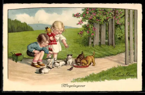 Künstler-AK Pauli Ebner: Mädchen spielen mit Hunden & Katzen