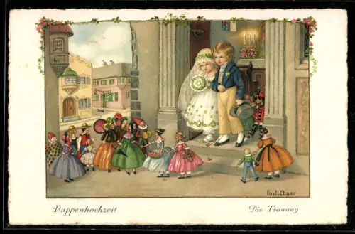 Künstler-AK Pauli Ebner: Kinder-Brautpaar wird von Spielzeugpuppen vor der Kirche empfangen