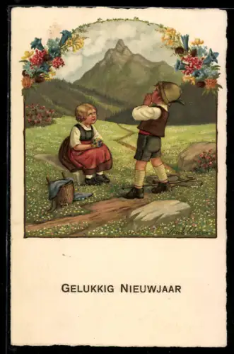 Künstler-AK Pauli Ebner: Kinder auf der Alm