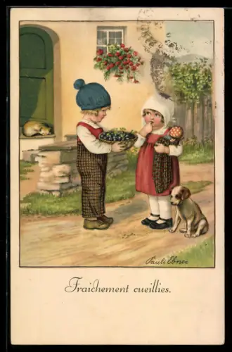 Künstler-AK Pauli Ebner: Junge schenkt seiner Freundin Pflaumen, Puppe, Hund, Katze