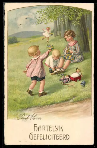 Künstler-AK Pauli Ebner: Jungen pflücken Blumen auf der Wiese für ein Mädchen