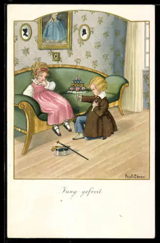 Künstler-AK Pauli Ebner: Kleiner Freier kniet vor Mädchen