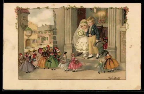 Künstler-AK Pauli Ebner: Kinder-Brautpaar wird von Spielzeugpuppen vor der Kirche empfangen
