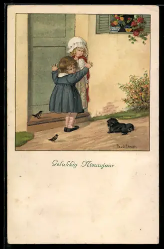 Künstler-AK Pauli Ebner: Zwei Mädchen mit Hund vor der Haustür