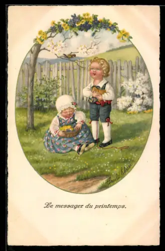 Künstler-AK Pauli Ebner: Le messager du printemps, Kinder im Garten zur Blütezeit