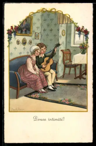 Künstler-AK Pauli Ebner: Douce intimité! junger Mann singt für seine Angebetete