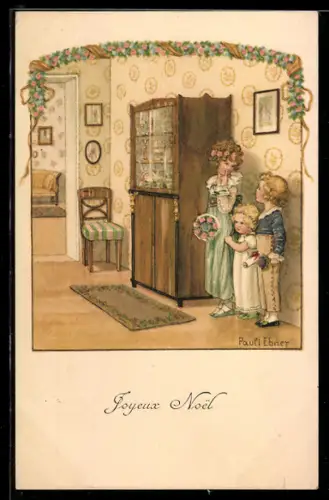 Künstler-AK Pauli Ebner: Joyeux Noel, Kinder, Biedermeier