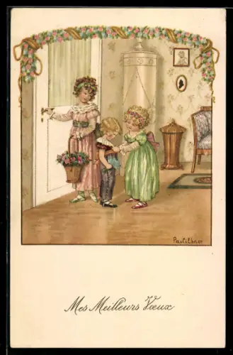 Künstler-AK Pauli Ebner: drei Mädchen richten sich zurecht vor dem Gang durch eine Tür