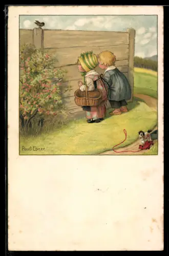 Künstler-AK Pauli Ebner: Zwei Kinder linsen durch ein Loch im Lattenzaun