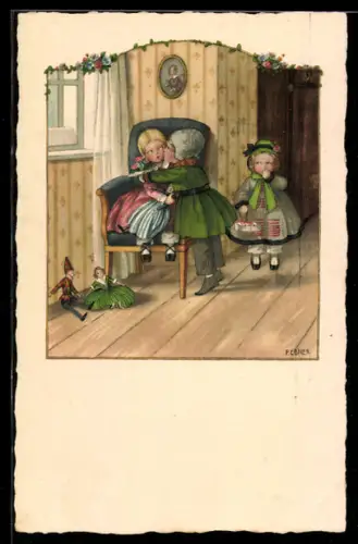 Künstler-AK Pauli Ebner: Knabe küsst Mädchen