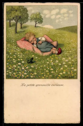 Künstler-AK Pauli Ebner: Das neugierige Fröschlein, Frosch sitzt auf einer Wiese vor auf der Decke schlafendem Kind