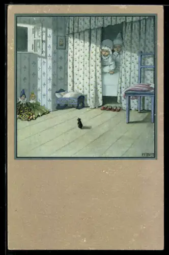 Künstler-AK Pauli Ebner: Maus nacht vor dem Bett der Kinder