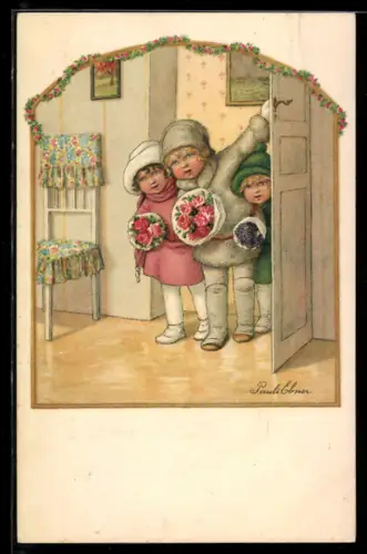 Künstler-AK Pauli Ebner: Drei Kinder mit Blumen in der Tür, Neujahrsgruss