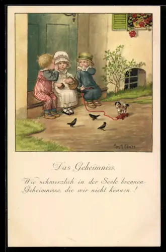 Künstler-AK Pauli Ebner: Das Geheimnis, Tuschelnde Kinder sitzen vor der Tür