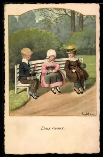 Künstler-AK Pauli Ebner: Mädchen sitzt auf der Bank zwischen ihren Verehrern