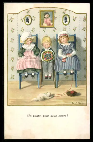 Künstler-AK Pauli Ebner: Neujahresgruss, Junge mit Blumen zwischen zwei Mädchen