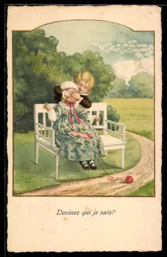 Künstler-AK Pauli Ebner: Junge hält einem Mädchen die Augen zu