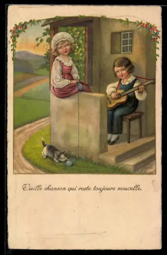 Künstler-AK Pauli Ebner: Musizierende Kinder mit Gitarre