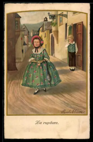 Künstler-AK Pauli Ebner: Bursche beobachten Mädchen auf der Strasse