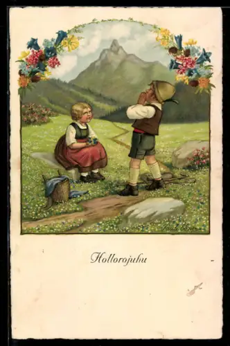 Künstler-AK Pauli Ebner: Kinder auf der Alm