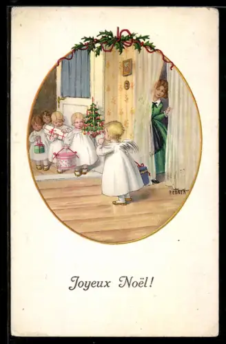 Künstler-AK Pauli Ebner: Kleine Engel mit Geschenken zu Weihnachten