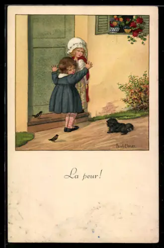 Künstler-AK Pauli Ebner: La peur!, Zwei Mädchen mit Hund vor der Haustür