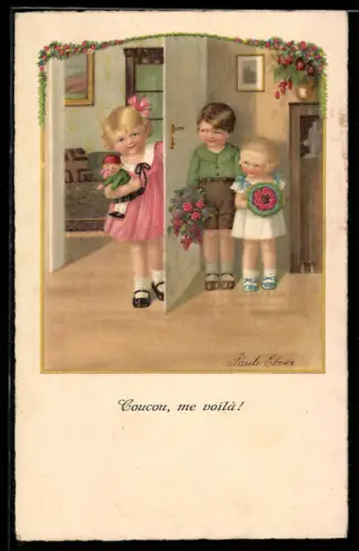 Künstler-AK Pauli Ebner: Kinder überraschen ein Mädchen mit Blumen
